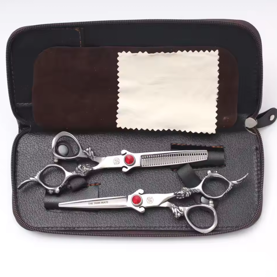 The Trim Mate Dragon Series professional scissors set featuring hand-sharpened Japanese steel for precise hair cutting and thinning.